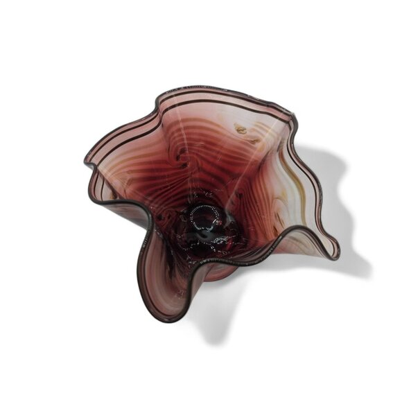 Daniel Reid Hand-Blown Glass Handkerchief Bowl 7" x 4" Tall Red and Gold Signed - Picture 4 of 13